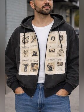 SAINT VANITY Hoodie XL Black Distressed Split Front Patchwork Graphic Streetwear